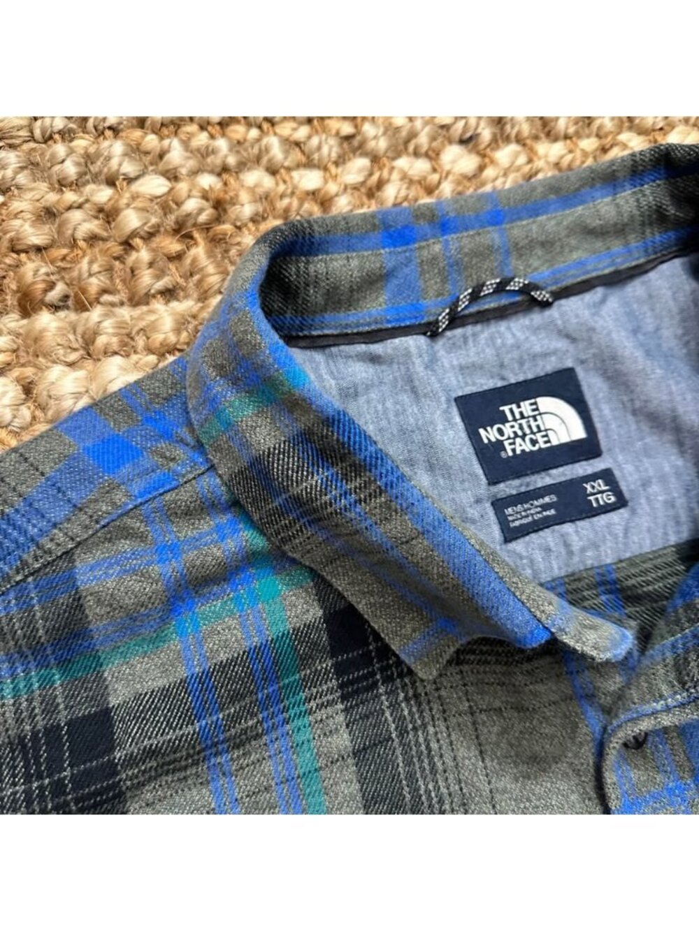 North Face Mens XXL Heavy Knit Plaid Long Sleeve Button Up Shirt Blue Grey⁠